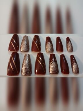 NWT Set of 12 Burgundy & Rose Gold Glitter Press-On Nail Set.